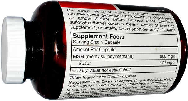補品，礦物質，關節炎 - Carlson Labs, MSM Sulfur, 1.000 mg, 180 Veggie Caps