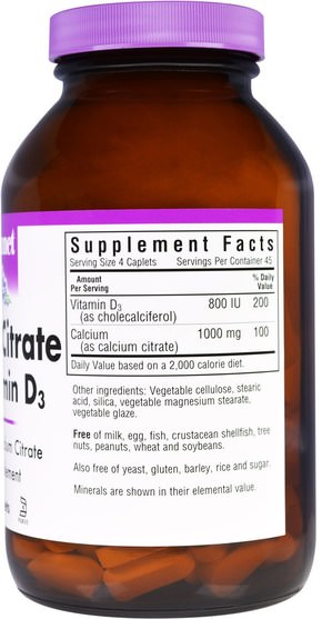 補品，礦物質，鈣 - Bluebonnet Nutrition, Calcium Citrate, Plus Vitamin D3, 180 Caplets