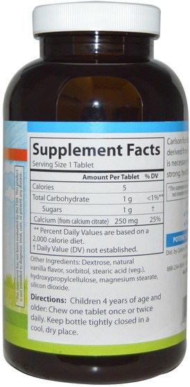 補充劑，礦物質，鈣，咀嚼鈣，兒童健康，兒童補品 - Carlson Labs, Kids Chewable Calcium, Vanilla, 120 Tablets
