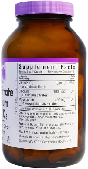 補品，礦物質，檸檬酸鈣 - Bluebonnet Nutrition, Calcium Citrate Magnesium Vitamin D3, 180 Caplets