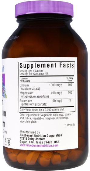 補品，礦物質，檸檬酸鈣 - Bluebonnet Nutrition, Calcium Magnesium Potassium, 180 Caplets