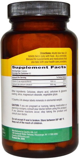 補品，礦物質，檸檬酸鈣 - Country Life, Calcium Citrate With Vitamin D, 120 Tablets