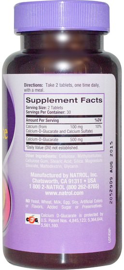 補充劑，礦物質，鈣，葡萄糖酸鹽，健康，女性 - Natrol, Calcium D-Glucarate, 60 Tablets