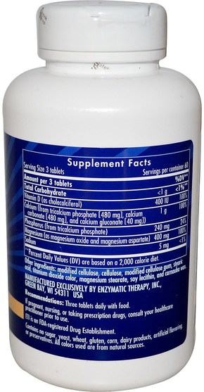 補品，礦物質，鈣 - Enzymatic Therapy, Calcium, with Magnesium, Phosphorus & Vitamin D, 180 Tablets
