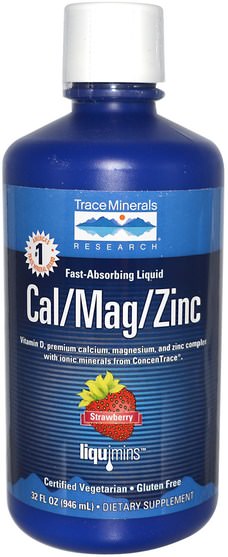 補品，礦物質，鈣，液體鈣 - Trace Minerals Research, Fast-Absorbing Liquid, Cal/Mag/Zinc, Strawberry, 32 fl oz (946 ml)