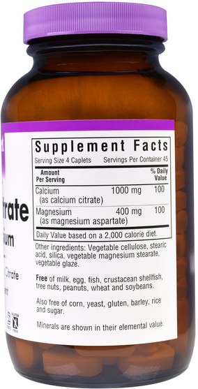 補充劑，礦物質，鈣和鎂 - Bluebonnet Nutrition, Calcium Citrate, Plus Magnesium, 180 Caplets