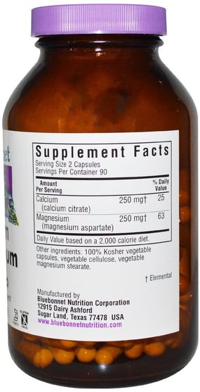 補充劑，礦物質，鈣和鎂 - Bluebonnet Nutrition, Calcium Magnesium, 1:1 Ratio, 180 Vcaps