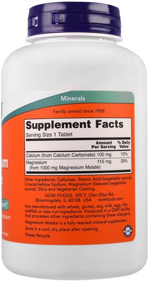 補充劑，礦物質，蘋果酸鈣和鎂 - Now Foods, Magnesium Malate, 1.000 mg, 180 Tablets