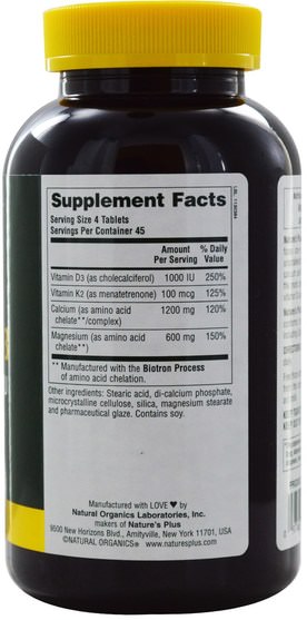 補充劑，礦物質，鈣和鎂 - Natures Plus, Cal/Mag/Vit D3, with Vitamin K2, 180 Tablets