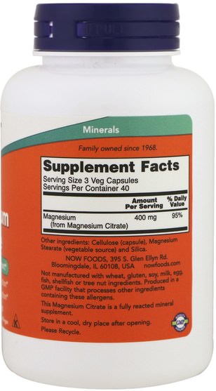 補充劑，礦物質，鈣和鎂 - Now Foods, Magnesium Citrate, 120 Veg Capsules