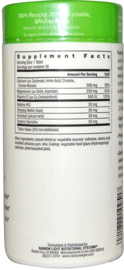 補充劑，礦物質，鈣和鎂 - Rainbow Light, Food-Based Calcium With Magnesium & Vitamin D3, 90 Tablets