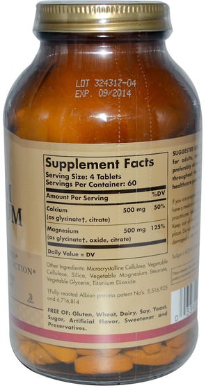 補充劑，礦物質，鈣和鎂 - Solgar, Chelated Calcium Magnesium 1:1, 240 Tablets