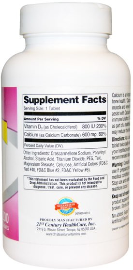 補充劑，礦物質，鈣維生素d - 21st Century, 600+D3, Calcium Supplement, 200 Tablets