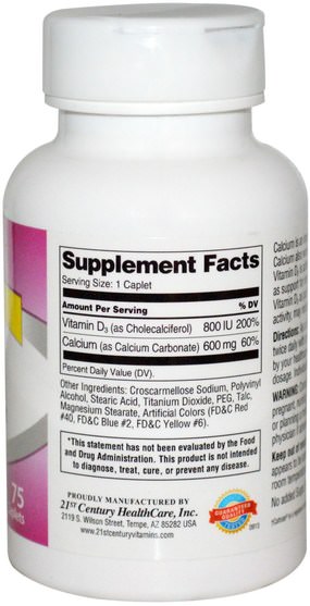 補充劑，礦物質，鈣維生素d - 21st Century, 600+D3, Calcium Supplement, 75 Caplets