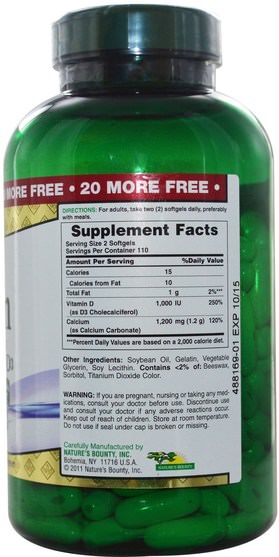 補充劑，礦物質，鈣維生素d - Natures Bounty, Calcium Plus Vitamin D3, 1200 mg/1000 IU, 220 Rapid Release Softgels