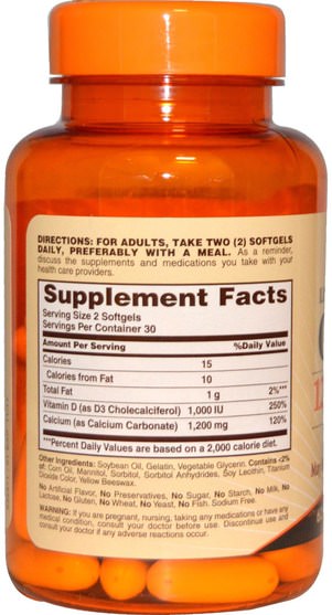 補充劑，礦物質，鈣維生素d - Sundown Naturals, Liquid-Filled Calcium, Plus Vitamin D3, 1200 mg/1000 IU, 60 Softgels