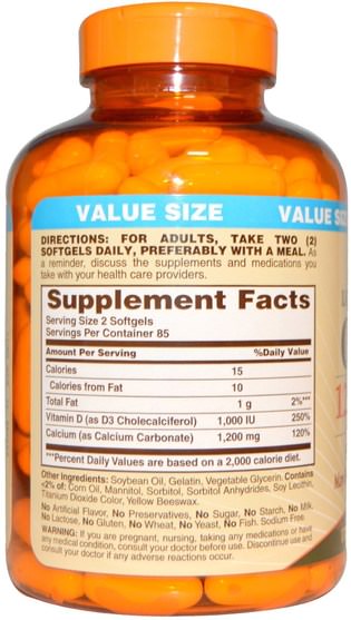 補充劑，礦物質，鈣維生素d - Sundown Naturals, Liquid-Filled Calcium, Plus Vitamin D3, 1200 mg/1000 IU, 170 Softgels