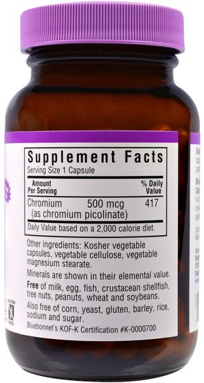 補充劑，礦物質，吡啶甲酸鉻 - Bluebonnet Nutrition, Chromium Picolinate, 500 mcg, 100 Veggie Caps