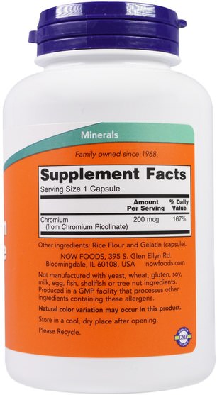 補充劑，礦物質，吡啶甲酸鉻 - Now Foods, Chromium Picolinate, 200 mcg, 250 Capsules