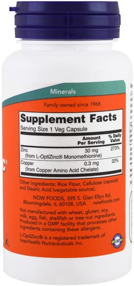 補品，礦物質，銅，鋅 - Now Foods, L-OptiZinc, 30 mg, 100 Veg Capsules