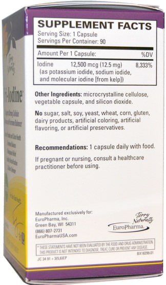 補品，礦物質，碘 - EuroPharma, Terry Naturally, Tri-Iodine, 12.5 mg, 90 Capsules