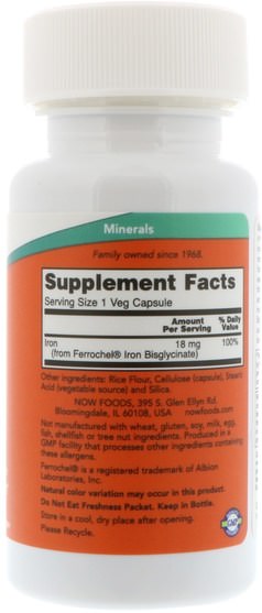 補品，礦物質，鐵 - Now Foods, Iron, 18 mg, 120 Veg Capsules