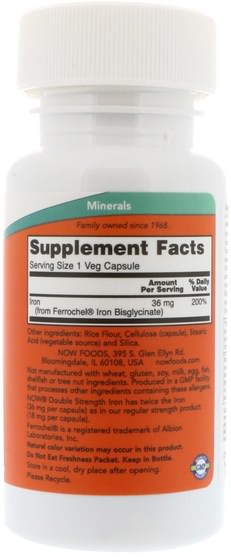 補品，礦物質，鐵 - Now Foods, Iron, Double Strength, 36 mg, 90 Veg Capsules