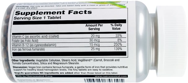 補品，礦物質，鐵 - VegLife, Vegan Iron, 25 mg, 100 Tablets