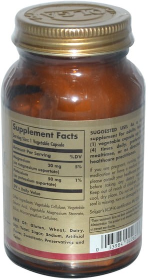 補充劑，礦物質，天冬氨酸鎂 - Solgar, Potassium Magnesium Aspartate, 90 Vegetable Capsules