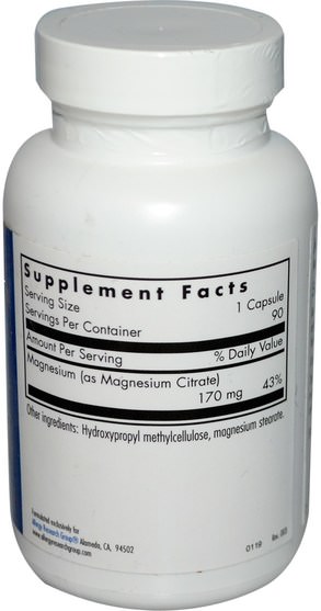 補充劑，礦物質，檸檬酸鎂 - Allergy Research Group, Magnesium Citrate, 90 Veggie Caps