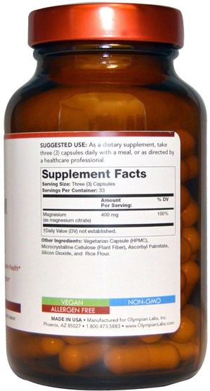 補充劑，礦物質，檸檬酸鎂 - Olympian Labs Magnesium Citrate, 400 mg, 100 Veggie Caps