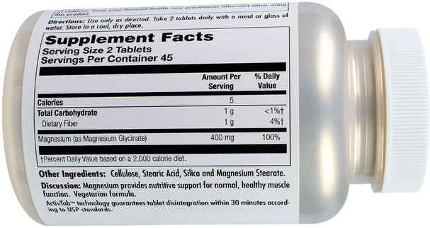 補充劑，礦物質，甘氨酸鎂 - KAL, Magnesium Glycinate 400, 400 mg, 90 Tablets