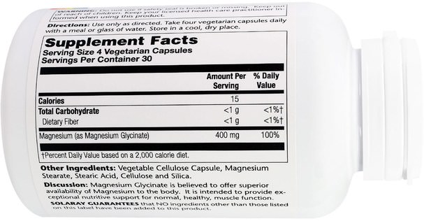 補充劑，礦物質，甘氨酸鎂 - Solaray, Magnesium Glycinate, 400 mg, 120 Veggie Caps