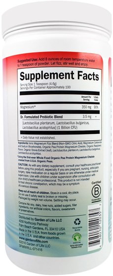 補充劑，礦物質，鎂，健康，抗壓力情緒支持 - Garden of Life, Dr. Formulated Magnesium Relax & Restore, Raspberry Lemon, 16.3 oz (461 g)
