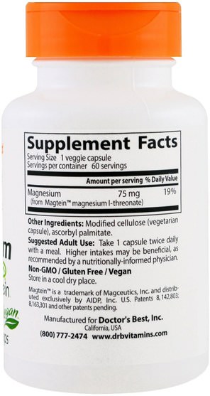 補充劑，礦物質，鎂，健康，注意力缺陷障礙，添加，adhd，腦 - Doctors Best, Brain Magnesium with Magtein, 75 mg, 60 Veggie Caps