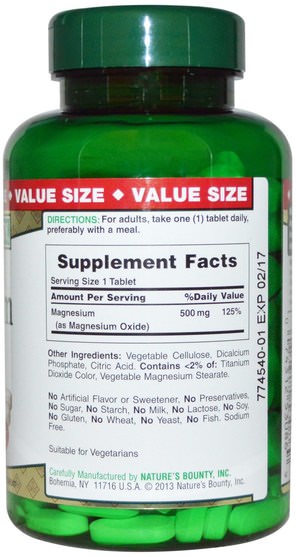 補品，礦物質，氧化鎂 - Natures Bounty, Magnesium, High Potency, 500 mg, 200 Coated Tablets