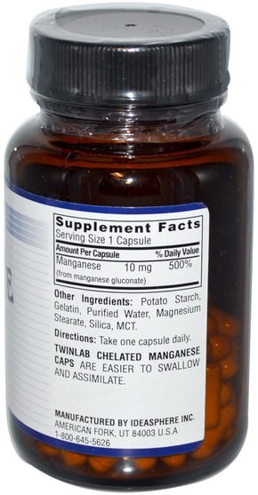 補充劑，礦物質，錳 - Twinlab, Manganese, 10 mg, 100 Capsules