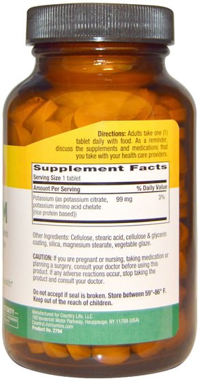 補充劑，礦物質，鉀 - Country Life, Potassium, 99 mg, 250 Tablets