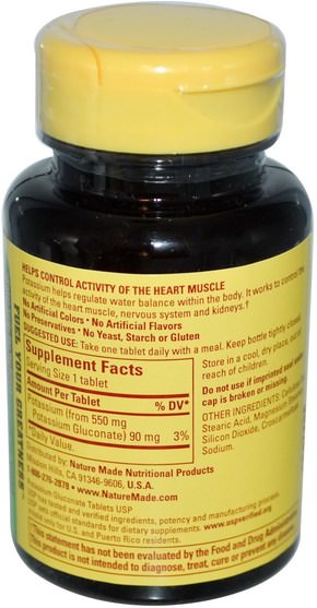 補品，礦物質，葡萄糖酸鉀 - Nature Made, Potassium Gluconate, 550 mg, 100 Tablets
