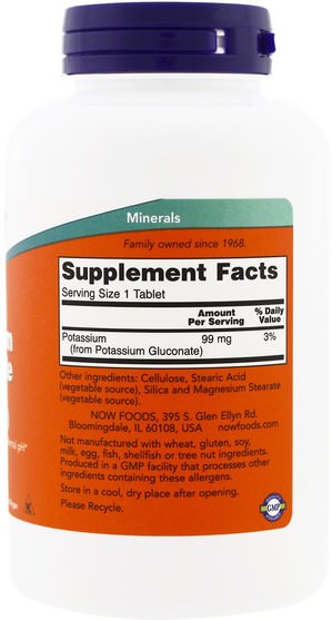 補品，礦物質，葡萄糖酸鉀 - Now Foods, Potassium Gluconate, 99 mg, 250 Tablets