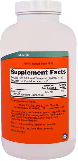 補品，礦物質，葡萄糖酸鉀 - Now Foods, Potassium Gluconate Pure Powder, 1 lb (454 g)