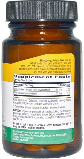 補品，礦物質，鋅 - Country Life, Zinc Picolinate, 25 mg, 100 Tablets