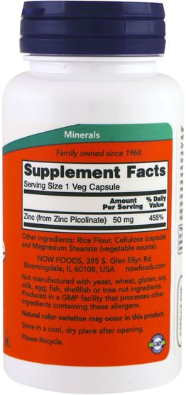 補品，礦物質，鋅 - Now Foods, Zinc Picolinate, 50 mg, 120 Veg Capsules