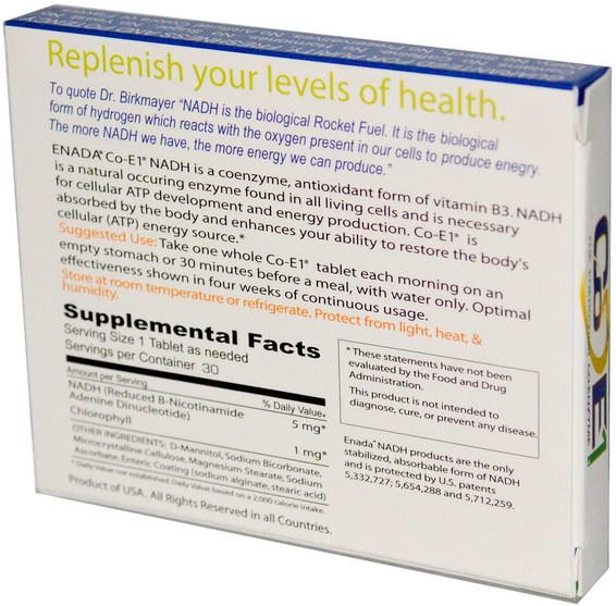 補充劑，nadh - Co - E1, The Energizing Co-Enzyme 1, Vitality+, 5 mg, 30 Tablets