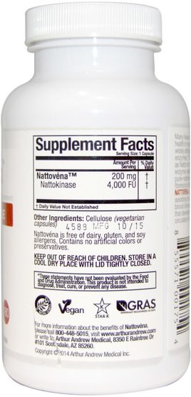 補充劑，納豆激酶，亞瑟和醫學納豆 - Arthur Andrew Medical, Nattovena, Pure Nattokinase, 200 mg, 180 Capsules