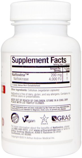 補充劑，納豆激酶，亞瑟和醫學納豆 - Arthur Andrew Medical, Nattovena, Pure Nattokinase, 200 mg, 30 Capsules