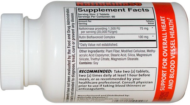 補充劑，納豆激酶，健康，血壓 - Naturally Vitamins, Nattokinase 1500, Systemic Enzyme Supplement, 120 Enteric Coated Tablets