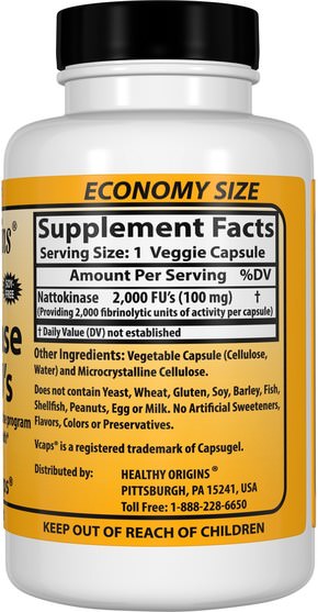 補充劑，納豆激酶 - Healthy Origins, Nattokinase 2.000 FUs, 100 mg, 180 Vcaps