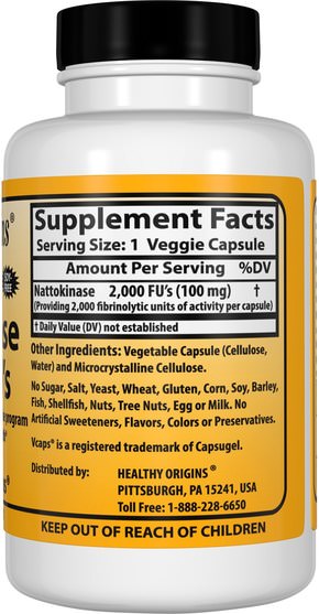 補充劑，納豆激酶 - Healthy Origins, Nattokinase 2.000 FUs, 100 mg, 60 Vcaps