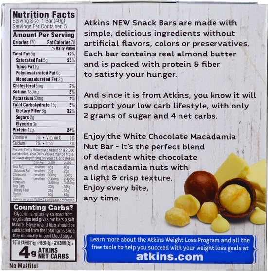 補充劑，營養棒 - Atkins, White Chocolate Macadamia Nut Bar, 5 Bars, 1.41 oz (40 g) Each